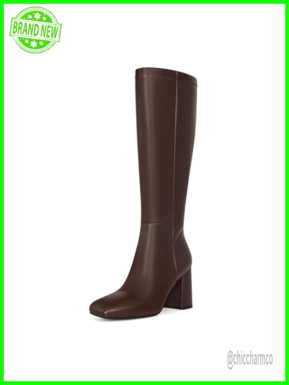 Faux Leather Knee High Boots Square Toe Chunky Heel Side Zip Tall Boots